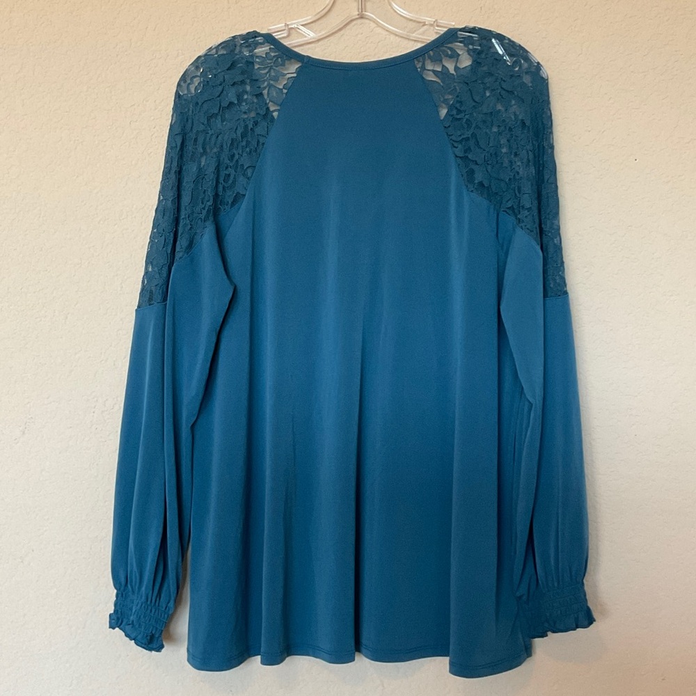 Torrid NWT Studio Knit Lace Shoulder Top Long Sleeve Midnight Teal 0 / L / 12 - Picture 9 of 16